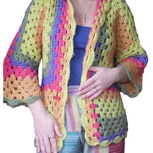 Handmade Sweater Women's XS Crochet Open Knit Rainbow Hooded Cardigan